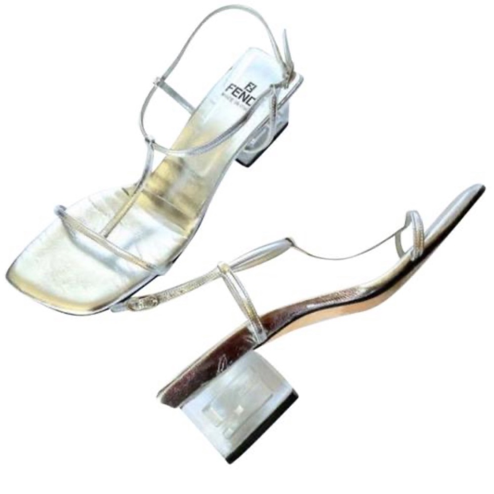 FENDI LEATHER STRAPY SANDALS WITH CLEAR LOGO HEELS